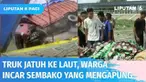 Truk pengangkut sembako jatuh ke laut saat akan masuk ke kapal penyeberangan di Pelabuhan Meulaboh, Aceh Barat. Sebagian besar muatan sembako hilang dan tenggelam di laut. Warga incar sembako yang masih terapung.