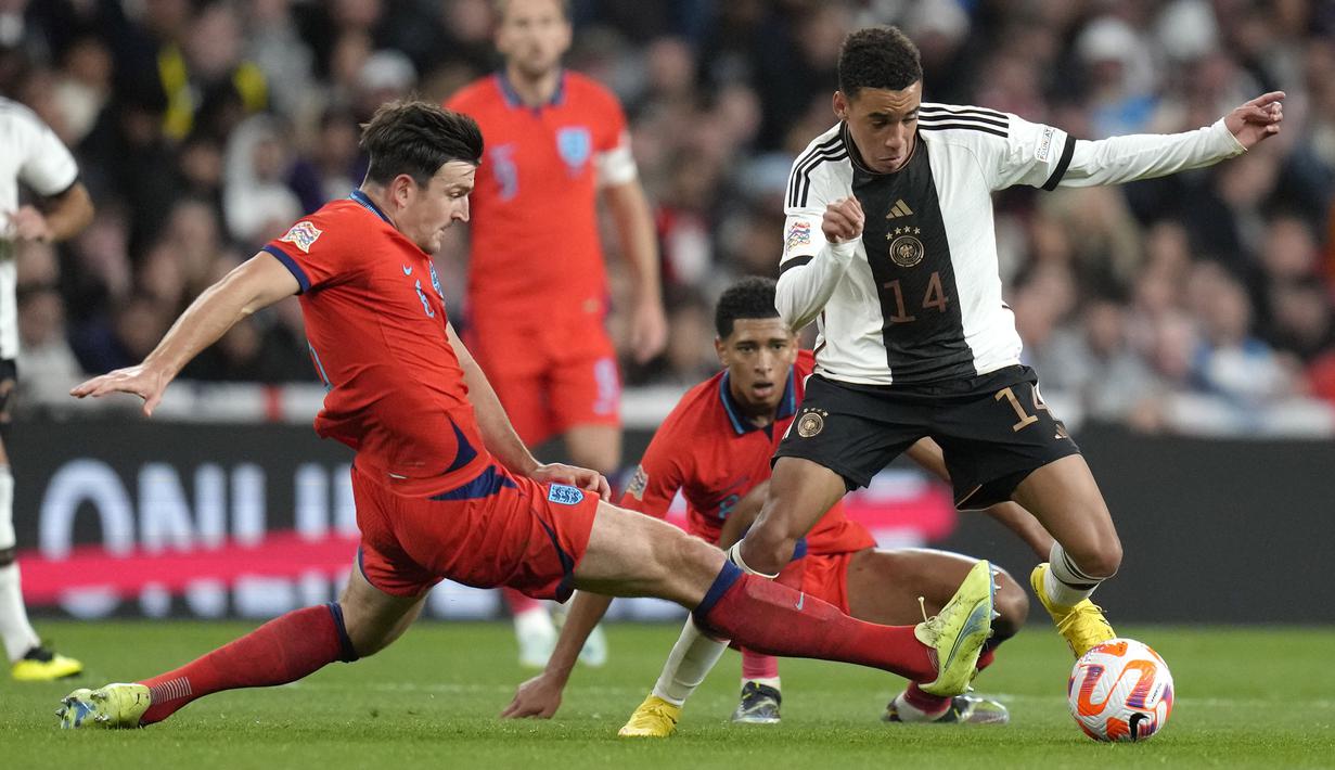 Sementara itu, duel alot Inggris melawan Jerman berakhir dengan skor 3-3 dalam matchday pemungkas Grup 3 UEFA Nations League A 2022/2023, Selasa (27/9/2022) dini hari WIB. (AP/Kirsty Wigglesworth)