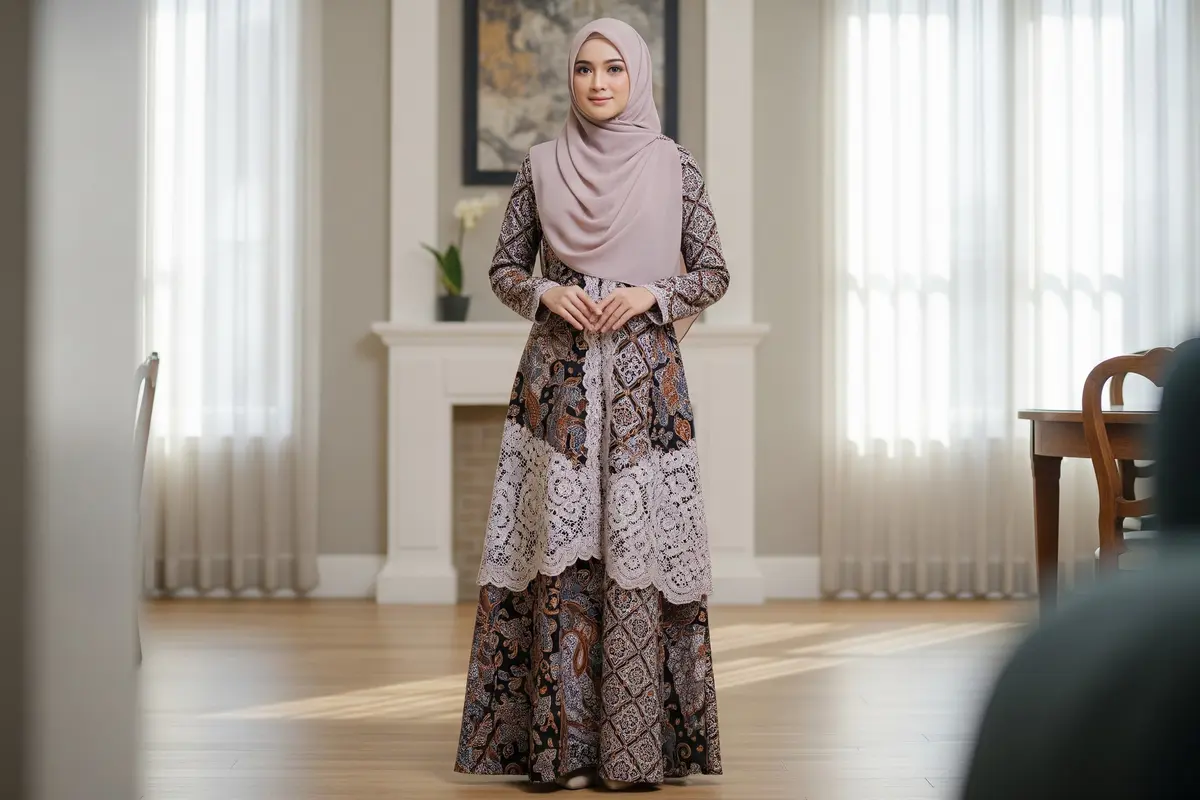 Model Gamis Batik Mix Tile Brokat Tanpa Berlebihan