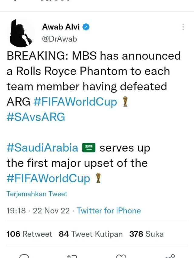 Hadiah MobilUntuk Pemain Timnas Arab Saudi