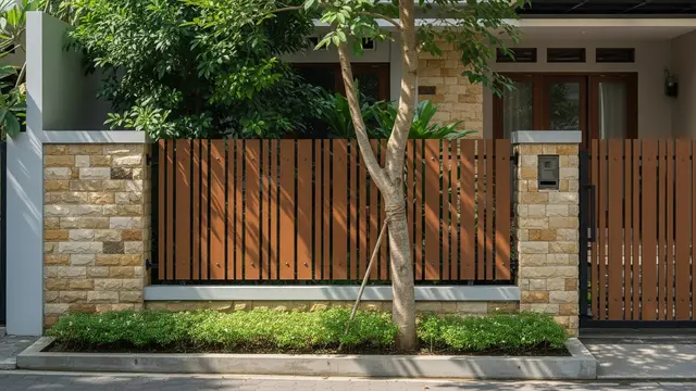 Pagar Minimalis Tropis dengan Batu Alam dan Besi Hollow Cokelat