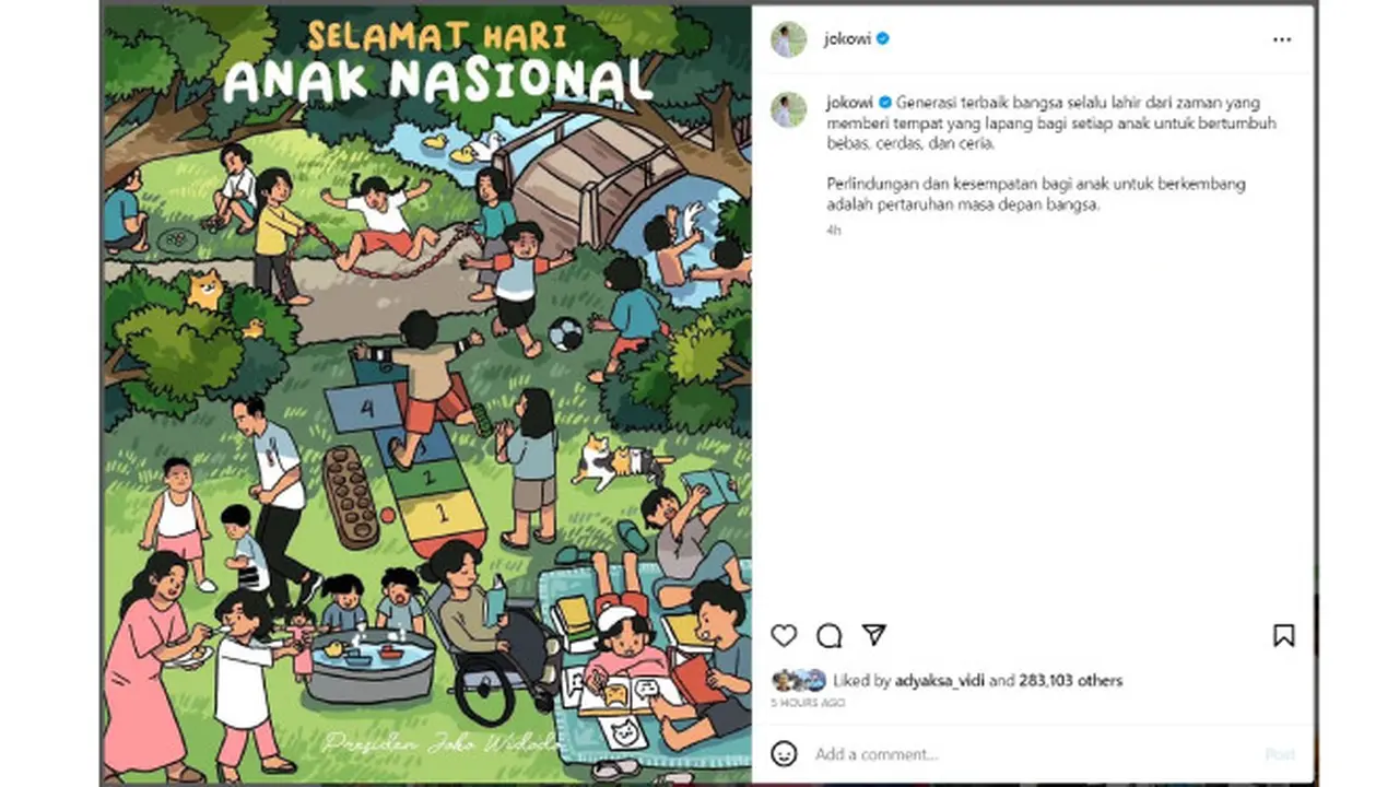 Warganet Nostalgia di Poster Ucapan Selamat Hari Anak Nasional yang Diunggah Presiden Jokowi di Instagram Pribadinya. Banyak Warganet yang Ingin Kembali ke Masa Kanak-Kanak Menjadi Bocil. (instagram.com/jokowi)