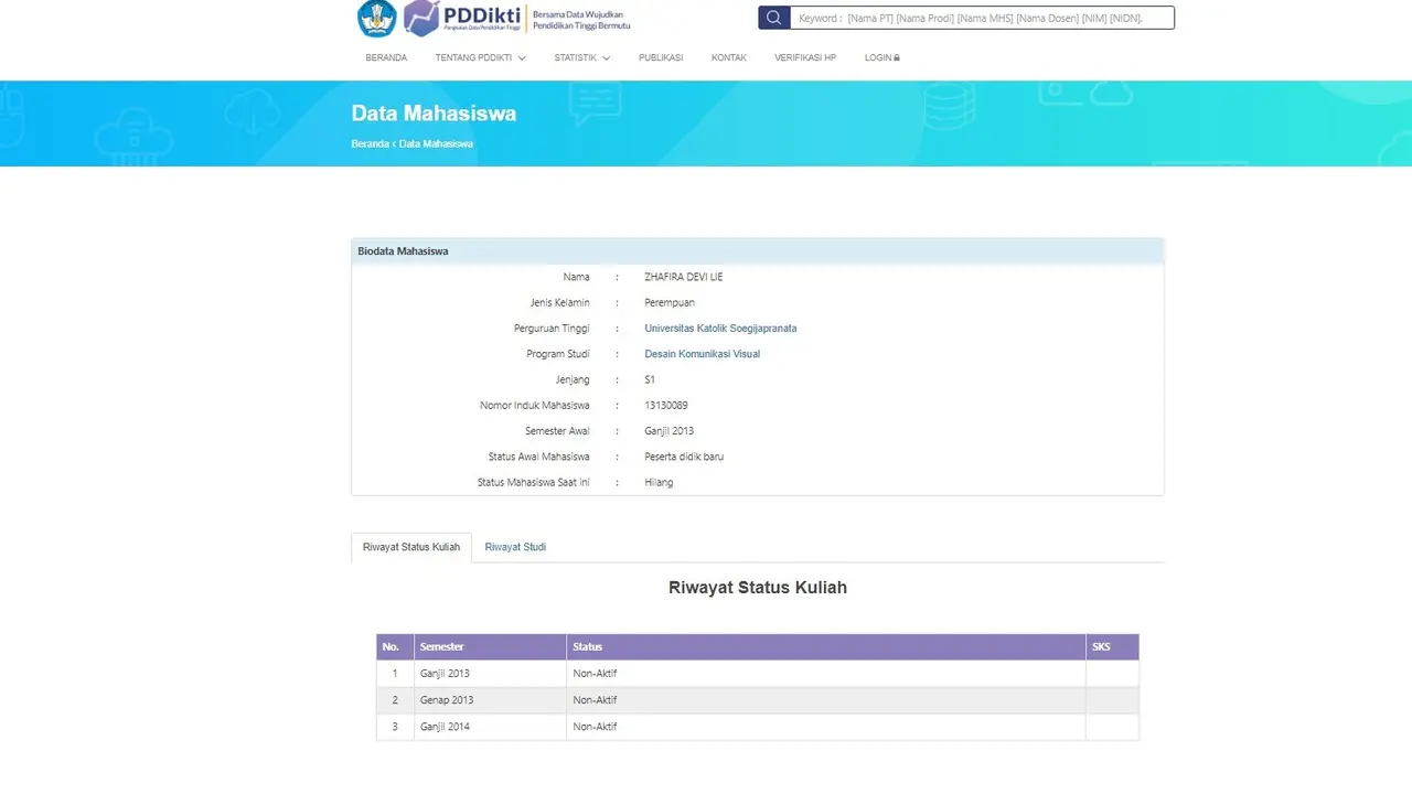 Data Mahasiswa dan Riwayat Status Kuliah Zhafira Devi Liestiatmaja