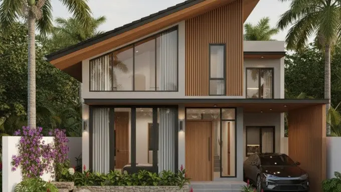 Ilustrasi Rumah Kecil dengan Konsep Tropis Modern (Sumber: Gemini AI)