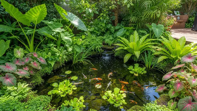Ide Halaman Belakang Rumah dengan Kolam Ikan Kecil Alami (AI)