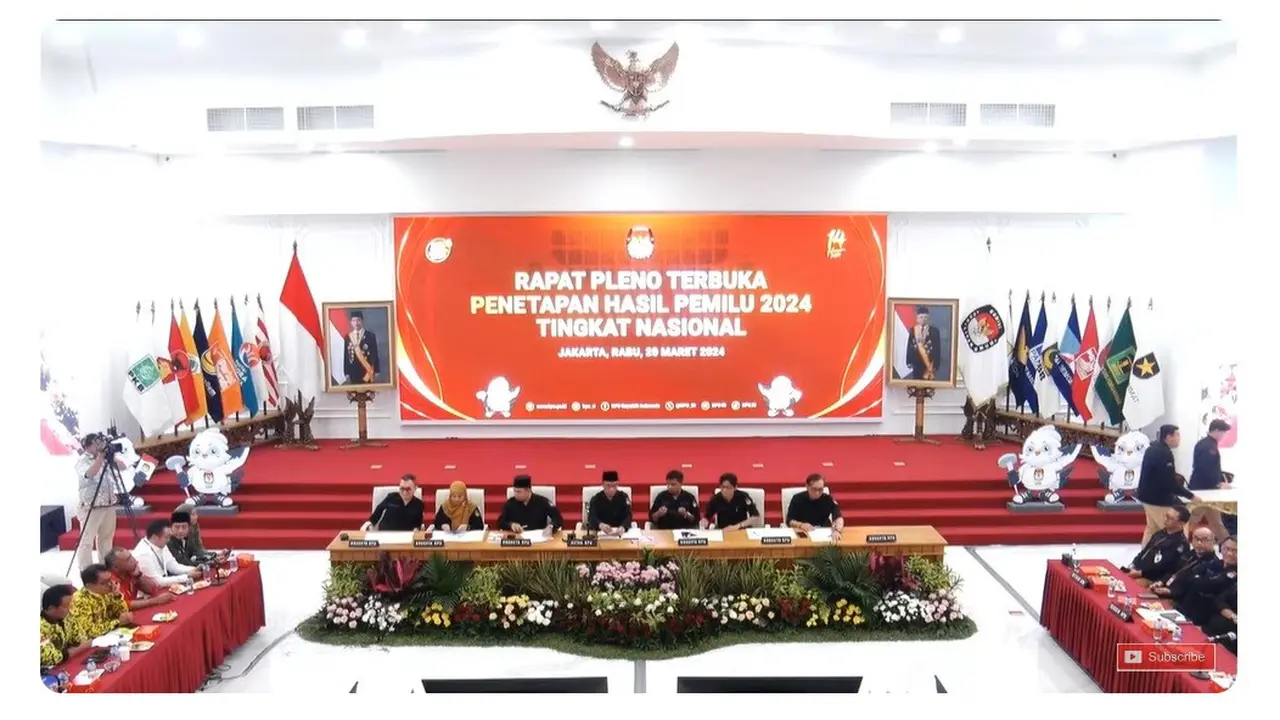 Komisi Pemilihan Umum Republik Indonesia (KPU RI) melakukan Rapat Pleno Terbuka Hasil Penghitungan Perolehan Suara Tingkat Nasional serta Penetapan Hasil Pemilihan Umum atau Pemilu 2024.
