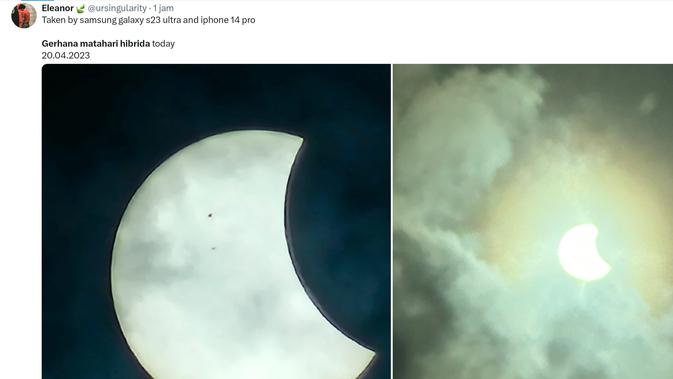 <p>Foto gerhana matahari hibrida bidikan warganet Twitter @oursingularity yang dibidik melalui smartphone Samsung Galaxy S23 (Foto: Twitter @oursingularity). </p>