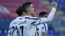 Bintang Juventus, Cristiano Ronaldo merayakan gol keduanya yang dicetak ke gawang Cagliari dalam laga pekan ke-27 Liga Italia di Sardegna Arena, Minggu (14/3/2021). Ronaldo mencetak hat-trick untuk membawa Juventus meraih kemenangan atas Cagliari 3-0. (Alessandro Tocco/LaPresse via AP)