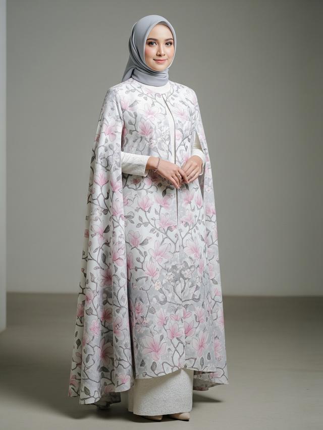 Gamis Batik Cape Style Motif Bunga Magnolia Pastel
