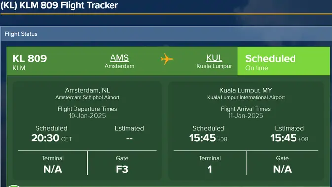 <p>Pesawat yang diduga ditumpangi pelatih Timnas Indonesia, Patrick Kluivert, dari Amsterdam ke Jakarta. (Bola.com/Dok.Tangkapan layar Flight Stats).</p>