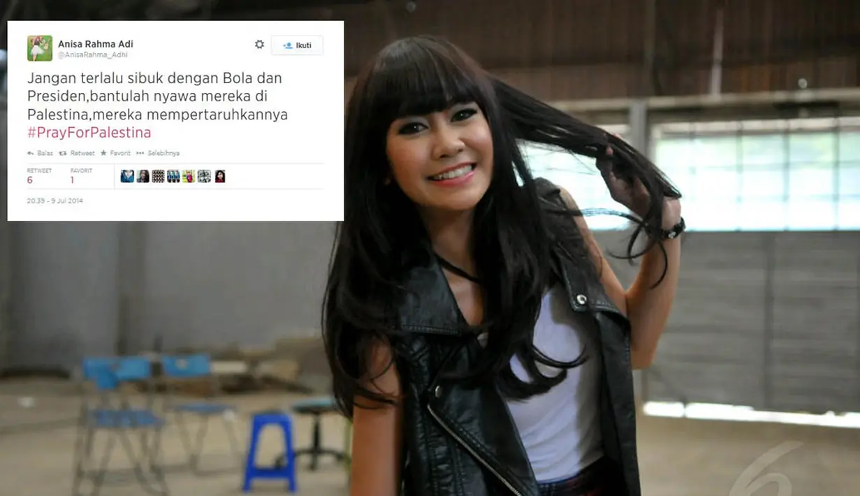 Ungkapan rasa duka untuk Palestina disampaikan mantan personel Cherrybelle, Anisa Rahma, melalui akun twitternya. (Liputan6.com/Panji Diksana)