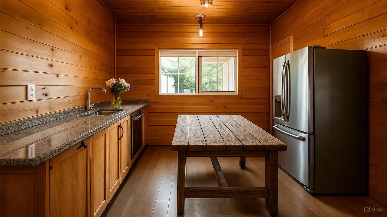 Model Dapur Rumah Sederhana dengan Dinding Kayu yang Tetap Elegan/Ilustrasi AI