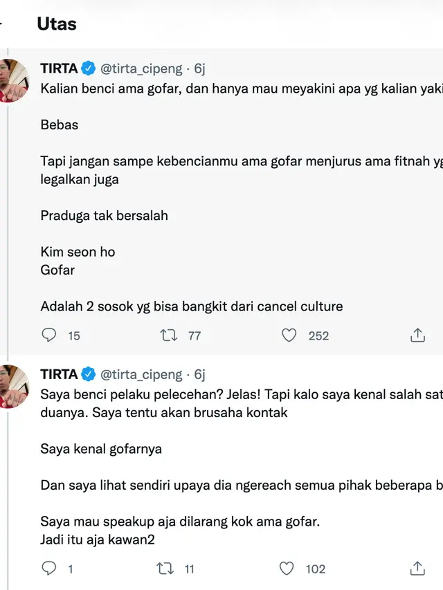 Cuitan dokter Tirta soal Gofar Hilman. (Foto: Dok. Twitter @tirta_cipeng)
