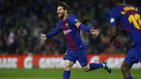 Lionel Messi merayakan gol yang dicetak ke gawang Girona. (AP Photo/Manu Fernandez)