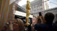 Seorang pengunjung mengambil gambar dari patung Oscar 2016 di luar Teater Dolby, Hollywood, California, Jumat (26/2). Acara penghargaan Academy Awards ke-88 ini akan berlangsung pada Minggu (28/2) waktu setempat. (REUTERS/Lucy Nicholson)