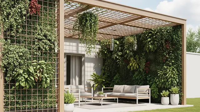 Desain Kanopi Teras dengan Vertical Garden untuk Usaha/Gemini AI
