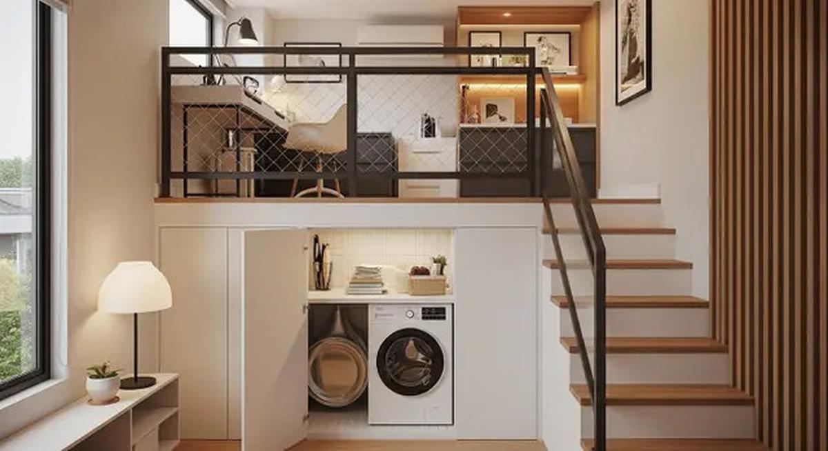 8 Inspirasi Rumah Kecil Mezzanine dengan Area Laundry Tersembunyi di Bawah Tangga