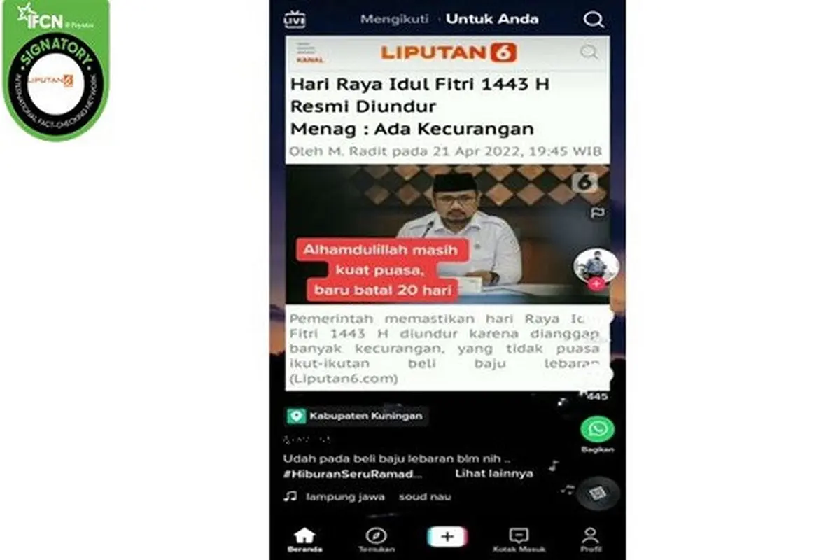 Gambar Tangkapan Layar Kabar Hoaks Idul Fitri 1443 H Diundur (sumber: TikTok).