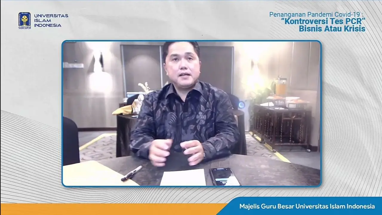 Menteri BUMN Erick Thohir dalam webinar Kontroversi PCR: Bisnis atau Krisis, Kamis (18/11/2021).