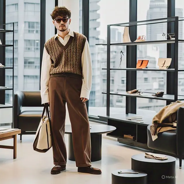 Celana Coklat Wide Leg dengan Vest Rajut dan Kemeja Oversized
