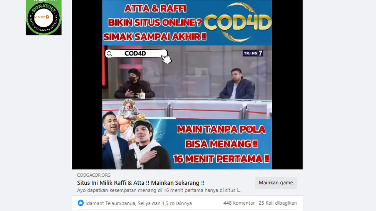 Tangkapan layar  klaim video wawancara Mata Najwa terkait situs judi online resmi Atta Halilintar dan Raffi Ahmad