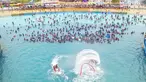 Suasana foto udara warga China bersantai di kolam renang Lianyungang, provinsi Jiangsu timur, China (4/7/2021). Di tengah pandemi Covid-19, warga China asyik menonton pertunjukan papan luncur saat mereka mendinginkan diri di kolam renang sambil bersantai. (AFP/STR)