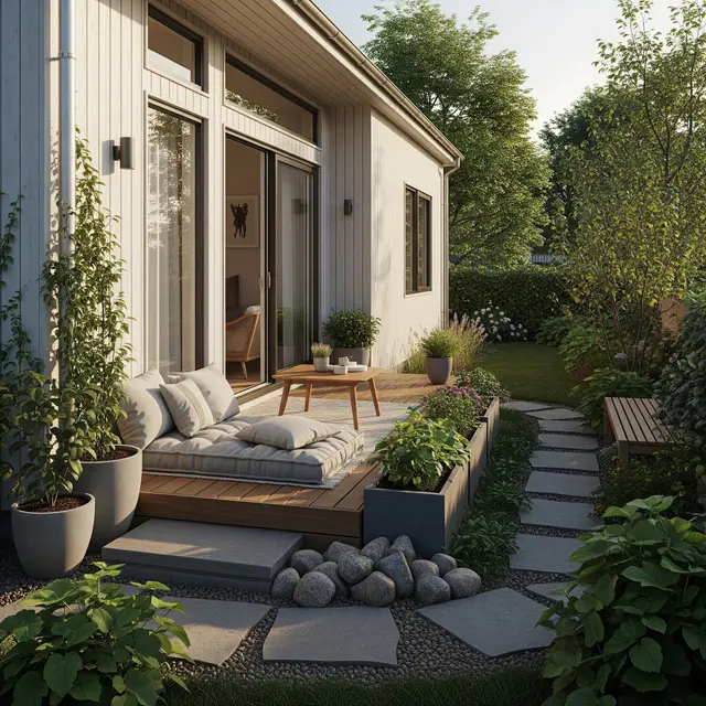 Contoh Rumah Kecil Type 45 dengan Taman Samping dan Teras Lesehan (Image by Gemini AI)