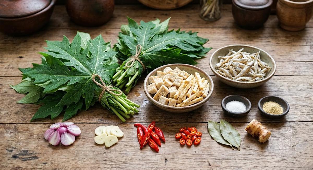 Bahan Daun Pepaya Muda Tumis Tempe dan Teri