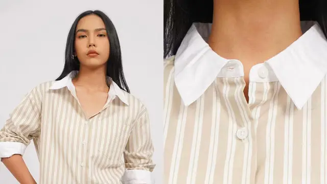 Executive Contrast Collar Long Sleeve Stripe Shirt Beige