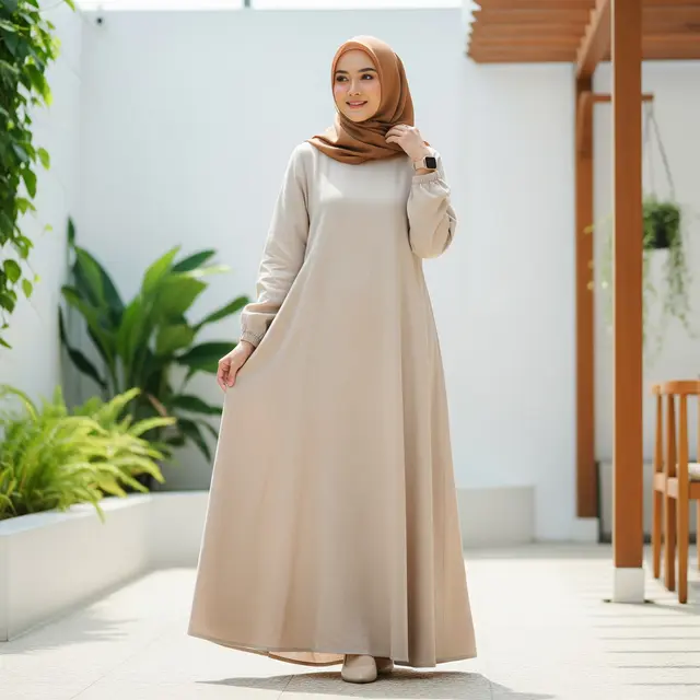 9 Model Gamis Linen Simple Warna Nude, Pilihan Busana Muslimah Modern
