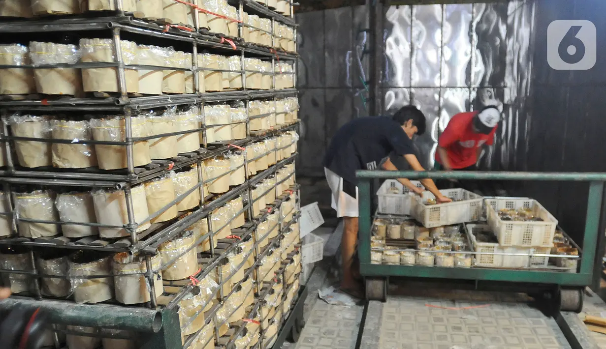 Pekerja menyusun kue Keranjang khas Imlek di Pabrik Kue Hoki di kawasan Sawangan, Depok, jawa Barat, Rabu (11/01/2023). Jelang perayaan tahun baru Imlek 2023 yang jatuh pada 22 Januari mendatang, permintaan kue keranjang meningkat sekitar 20 persen dibandingkan tahun lalu. (merdeka.com/Arie Basuki)