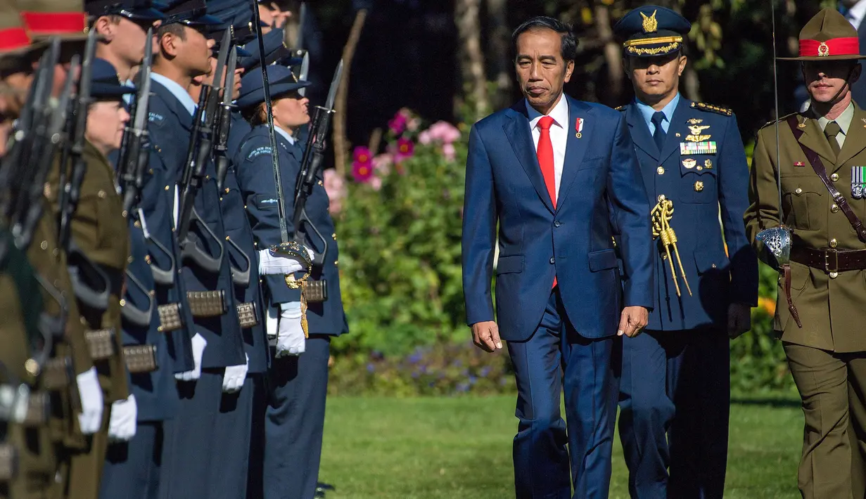 Upacara penyambutan Presiden Indonesia Joko Widodo di Government House di Wellington, Selandia Baru (19/3). Kunjungan Jokowi ini juga merupakan kunjungan untuk menandai peringatan 60 tahun hubungan diplomatik Indonesia-Selandia Baru. (AFP/Marty Melville)