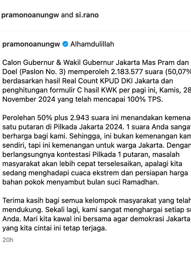 Unggahan Pramono Anung dan Rano Karno. (Foto: Dok. Instagram @pramonoanungw)