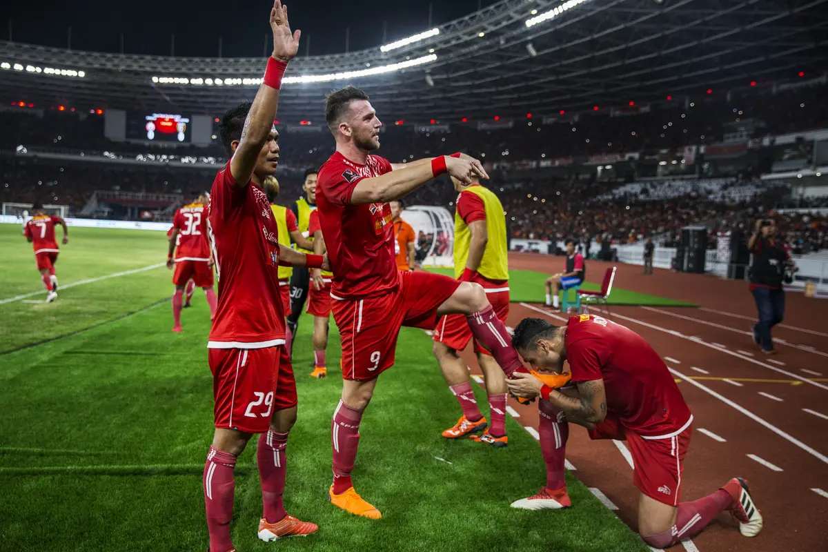 Striker Persija Jakarta, Marko Simic, merayakan gol ke gawang Bali United pada final Piala Presiden di SUGBK, Jakarta, Sabtu (17/2/2018). (Bola.com/Vitalis Yogi Trisna)