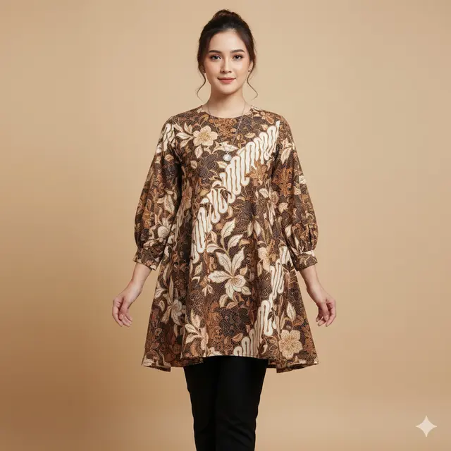Tunik Batik Lengan Bishop Motif Floral A-Line: Feminitas Klasik