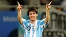 Selebrasi Lionel Messi ketika mencetak gol kemenangan Argentina atas Brasil 1-0 pada laga persahabatan di Doha, Qatar, 17 November 2010.AFP PHOTO/KARIM JAAFAR