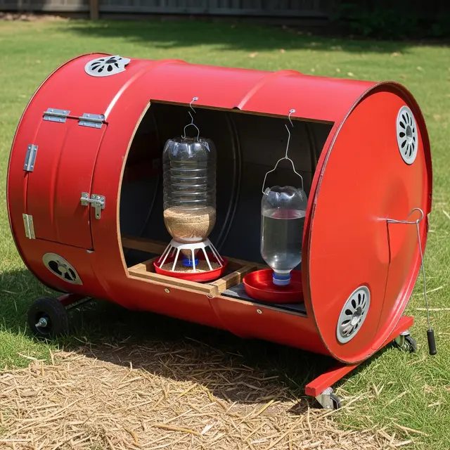 Kandang Ayam Portable dari Drum Bekas yang bisa Dipindah-pindah (Image by Gemini AI)