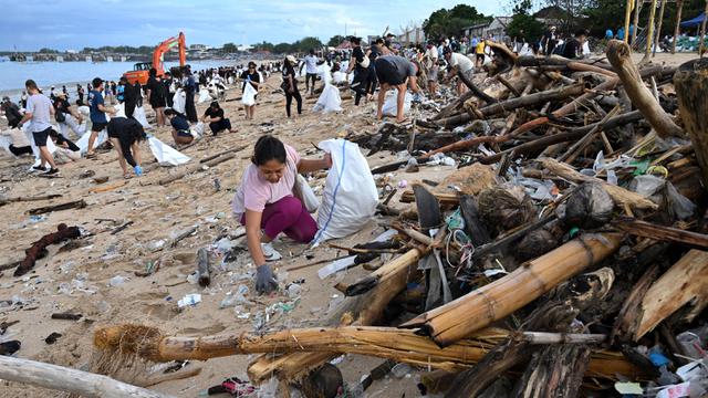 Bergerak, Ratusan Orang Bersihkan Sampah di Pantai Kedonganan Bali