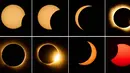 Foto gabungan ini memperlihatkan urutan saat bulan menutupi matahari dalam gerhana matahari total yang terlihat dari Berlanga de Duero, Spanyol tengah, pada hari Rabu, 12 Agustus 2026. (Foto AP/Bernat Armangue)