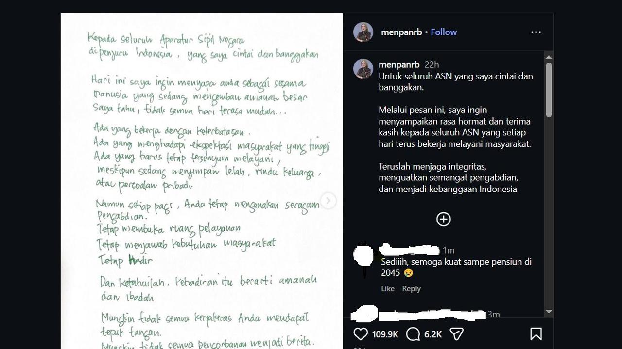 Tangkapan layar surat MenPAN-RB Rini Widyantini.