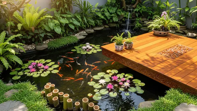 Kolam Koi Mini dengan Dek Kayu