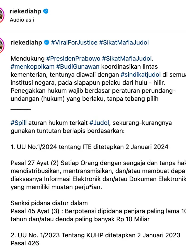 Unggahan Rieke Diah Pitaloka. (Foto: Dok. Instagram @riekediahp)