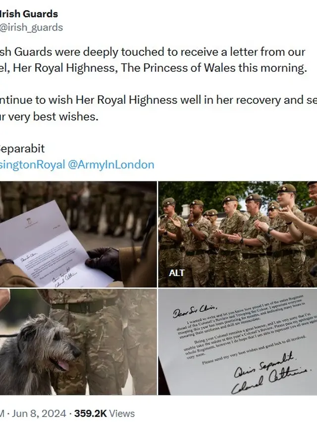 Unggahan Irish Guards tentang Surat Kate Middleton. (X/  irish_guards)