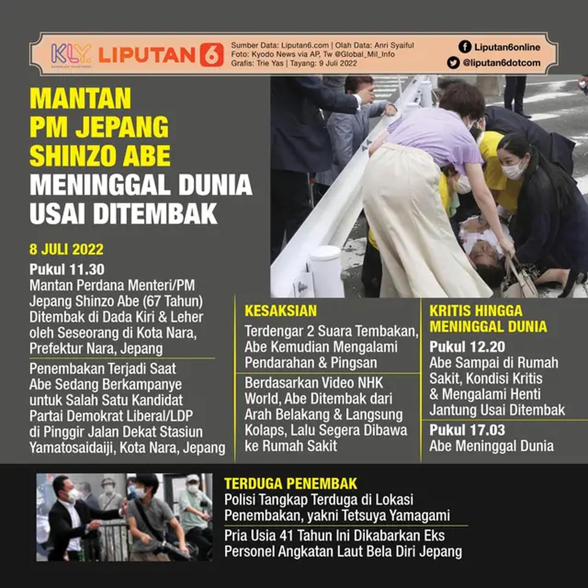 Infografis Mantan PM Jepang Shinzo Abe Meninggal Dunia Usai Ditembak. (Liputan6.com/Trieyasni)