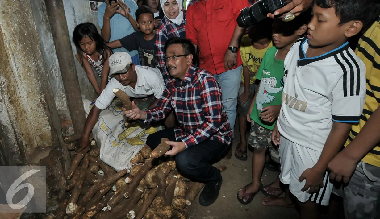 Djarot Saiful Hidayat membeli singkong dan ubi saat blusukan di Pasar Bedeng, Kelurahan Bambu Utara, Palmerah, Jakarta Barat, Kamis (24/11). Saat berbelanja, Djarot juga berdialog dengan pedagang dan warga di pasar tersebut. (Liputan6.com/Yoppy Renato)