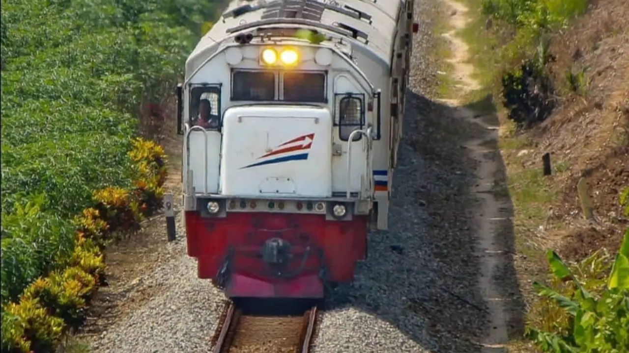Salah satu gerbong rangkaian kereta tengah melintas di jalur selatan Jawa via Garut