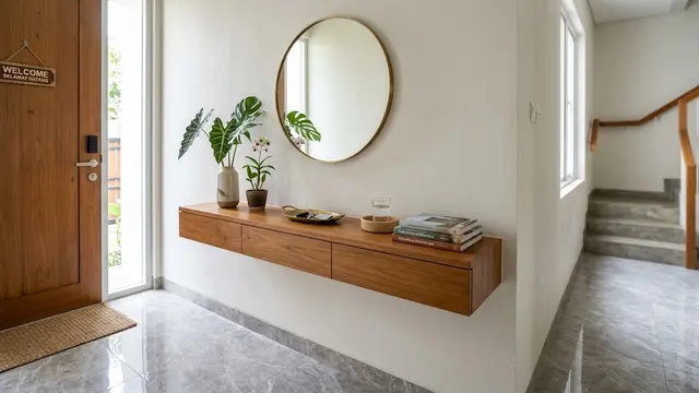 Ide meja konsol di rumah yang bikin ruangan tampak rapi dan modern model konsol gantung pada dinding