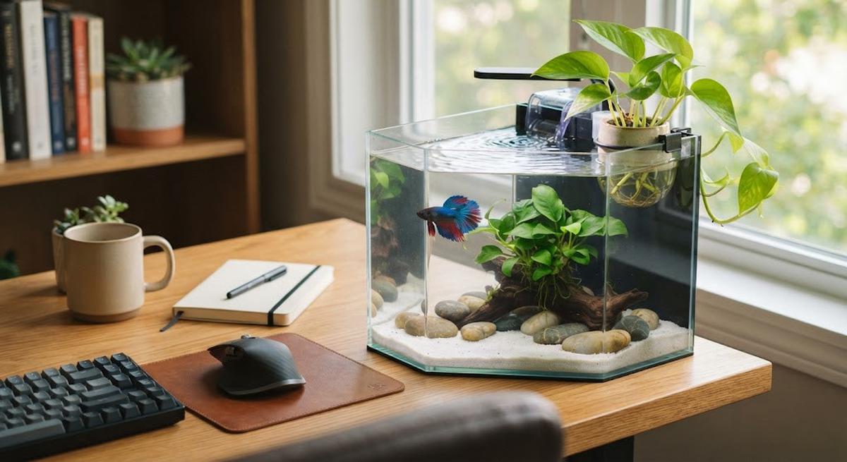 Ide akuarium mini untuk meja kerja model dengan tanaman gantung