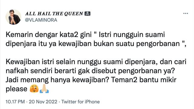Unggahan Nora Alexandra. (Foto: Dok. Twitter @VLAMINORA)