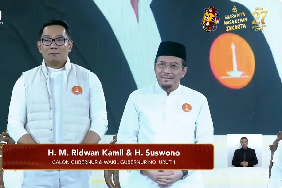 Paslon Pilkada Jakarta 2024 nomor urut 1 Ridwan Kamil-Suswono dalam debat perdana Pilkada Jakarta 2024, Minggu (6/10/2024) di JIExpo Kemayoran, Jakarta Pusat.